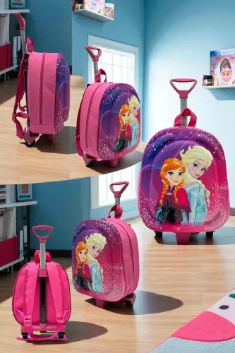 Anaokulu Kreş Çocuk Valiz Sırt Çantası Çekçekli Tekerlekli-Pembe - 4