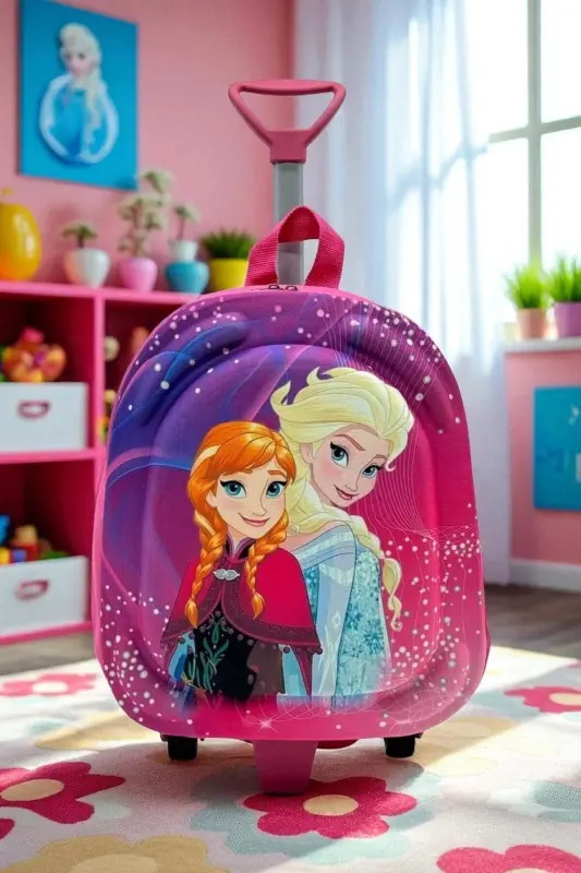 Anaokulu Kreş Çocuk Valiz Sırt Çantası Çekçekli Tekerlekli-Pembe - 5