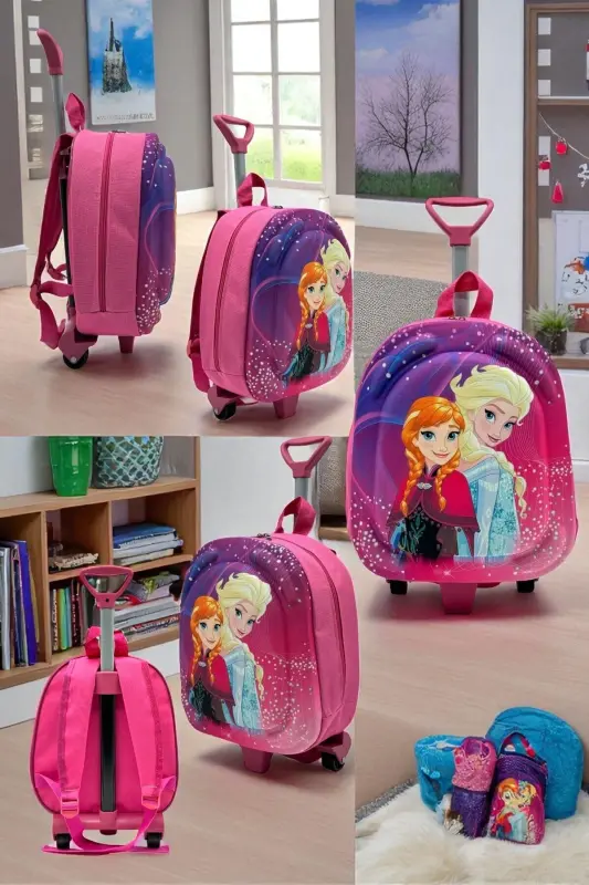 Anaokulu Kreş Çocuk Valiz Sırt Çantası Çekçekli Tekerlekli-Pembe - 8