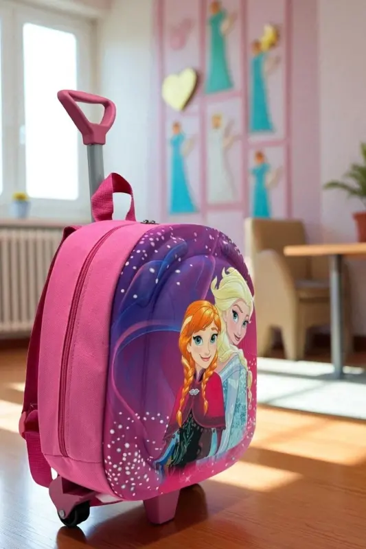 Anaokulu Kreş Çocuk Valiz Sırt Çantası Çekçekli Tekerlekli-Pembe - 3