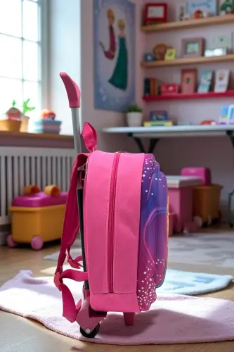 Anaokulu Kreş Çocuk Valiz Sırt Çantası Çekçekli Tekerlekli-Pembe - 7