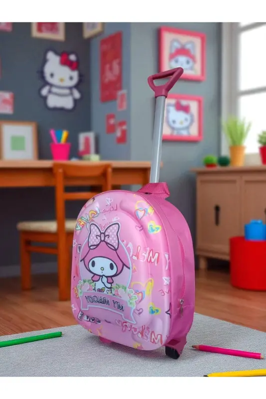 Anaokulu Kreş Çocuk Valiz Sırt Çantası Çekçekli Tekerlekli-Pembe - 3