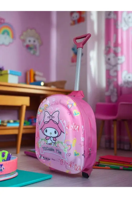 Anaokulu Kreş Çocuk Valiz Sırt Çantası Çekçekli Tekerlekli-Pembe - 4