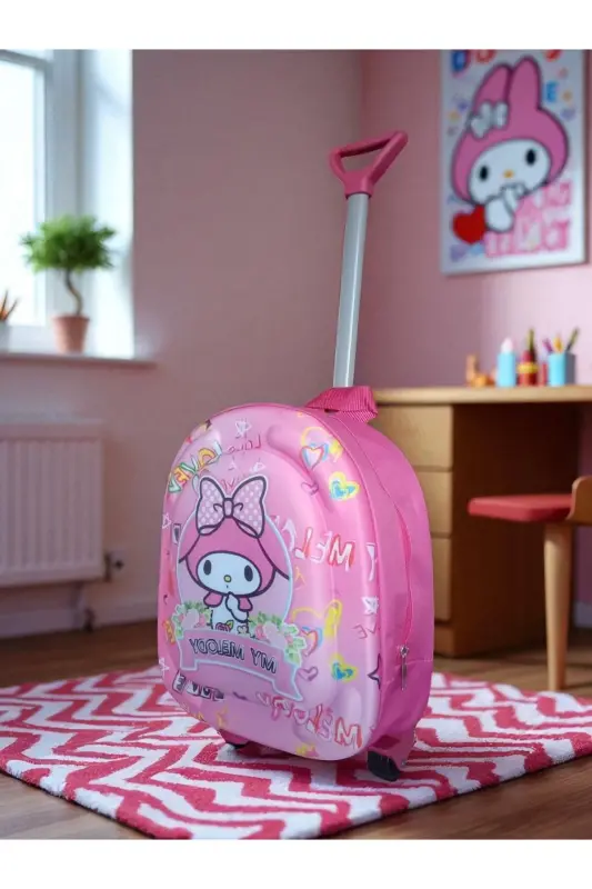 Anaokulu Kreş Çocuk Valiz Sırt Çantası Çekçekli Tekerlekli-Pembe - 5