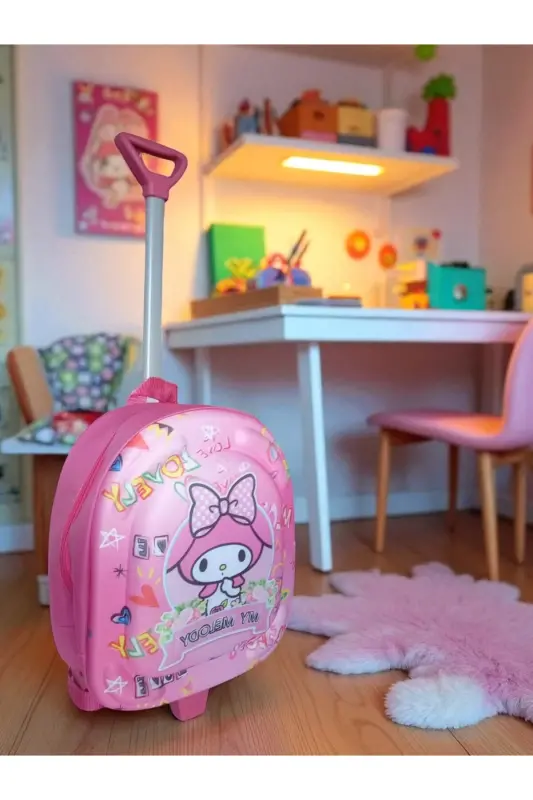 Anaokulu Kreş Çocuk Valiz Sırt Çantası Çekçekli Tekerlekli-Pembe - 6