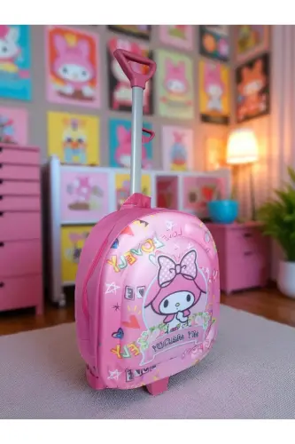 Anaokulu Kreş Çocuk Valiz Sırt Çantası Çekçekli Tekerlekli-Pembe - 7