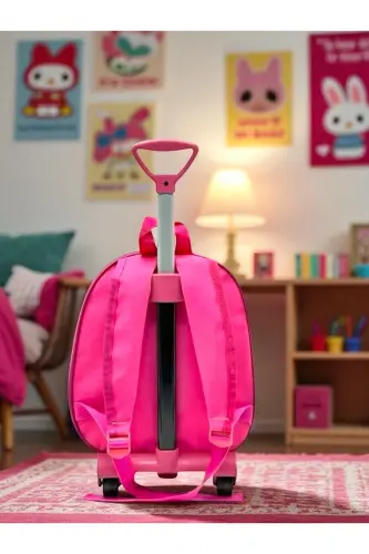 Anaokulu Kreş Çocuk Valiz Sırt Çantası Çekçekli Tekerlekli-Pembe - 8