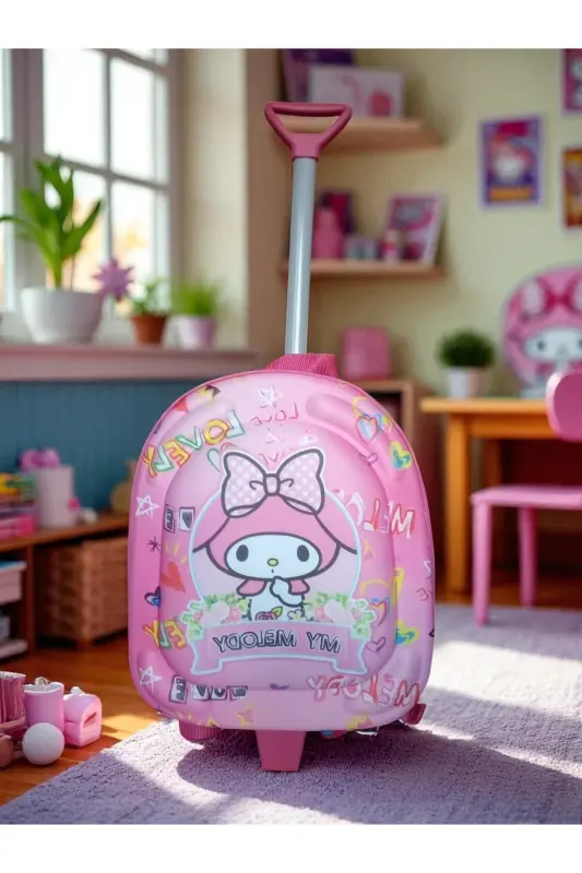 Anaokulu Kreş Çocuk Valiz Sırt Çantası Çekçekli Tekerlekli-Pembe - 1