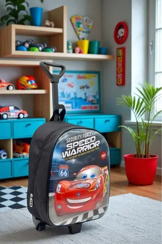 Anaokulu Kreş Çocuk Valiz Sırt Çantası Çekçekli Tekerlekli - Siyah - Şimşek Mcqueen - 8