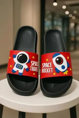 Anatomic Sole Non-Slip Sole Pool Sea Home Street Kids Slippers (ASTRONOT DESEN)-AstronotDesenSiyah - 1