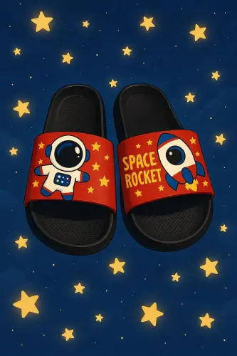 Anatomic Sole Non-Slip Sole Pool Sea Home Street Kids Slippers (ASTRONOT DESEN)-AstronotDesenSiyah - GEZER (1)