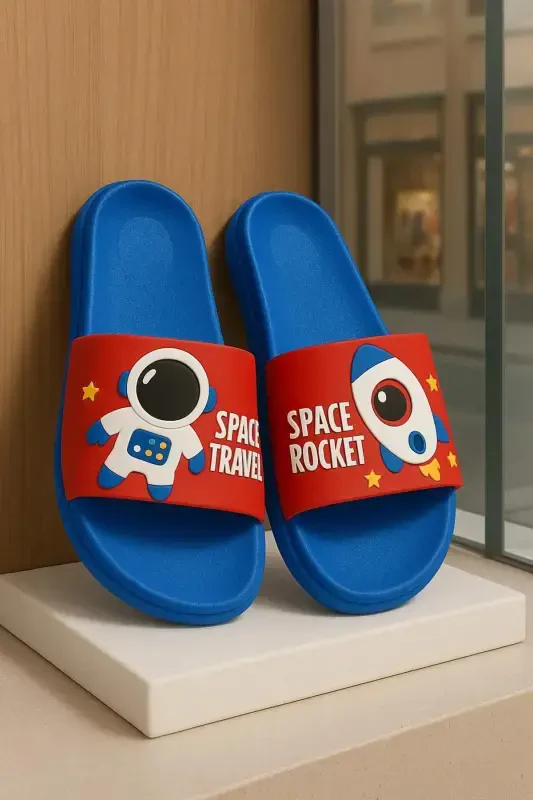 Anatomik Taban Kaydırmaz Taban Havuz Deniz Ev Sokak Çocuk Terlik (ASTRONOT DESEN)-AstronotDesenLacivert - Modazone