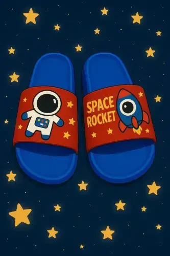 Anatomik Taban Kaydırmaz Taban Havuz Deniz Ev Sokak Çocuk Terlik (ASTRONOT DESEN)-AstronotDesenLacivert - Modazone (1)