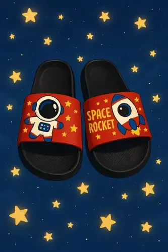 Anatomik Taban Kaydırmaz Taban Havuz Deniz Ev Sokak Çocuk Terlik (ASTRONOT DESEN)-AstronotDesenSiyah - Modazone (1)