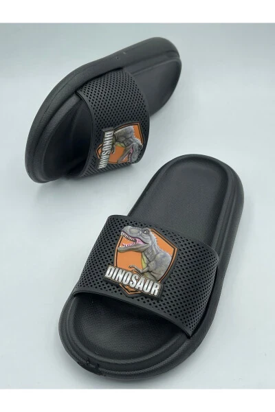 ANATOMİK TABAN KAYDIRMAZ TABAN HAVUZ DENİZ EV SOKAK ÇOCUK TERLİK(DİNAZOR DESENLİ)-SİYAH - Modazone