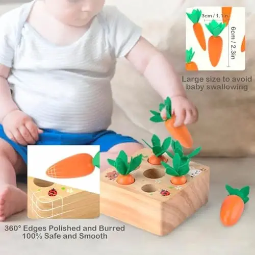 Ancaixin Montessori Toys for Babies 6-12 Months, Wooden Toys for 1 Year Old Boys and Girls, Educational Carrot Harvest Toy for Toddlers, Shape Sorting Matching Puzzle, Developmental Birthday Gifts - 5