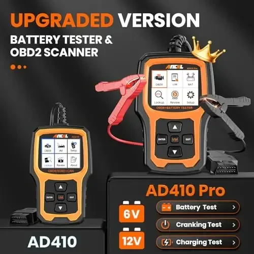 ANCEL AD410 PRO OBD2 Scanner and Battery Tester,2-in-1 Car Diagnostic Tool,Check Engine Light,EVAP Test,Live Data,6V/12V Battery Analyzer with Cranking & Charging System Test for Car Motorcycle - 4
