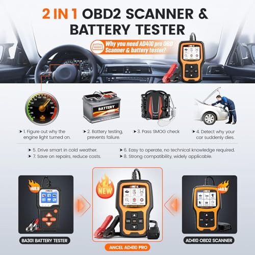 ANCEL AD410 Pro+ 2'si 1 Arada OBD2 Tarayıcı Akü Test Cihazı, OBD2 Tarayıcı Araç Motor Arıza Kodu Okuyucu Tarama Cihazı ve 6V 12V 100-2000 CCA Akü Şarj Çalıştırma Testi EVAP Canlı Veri - 3