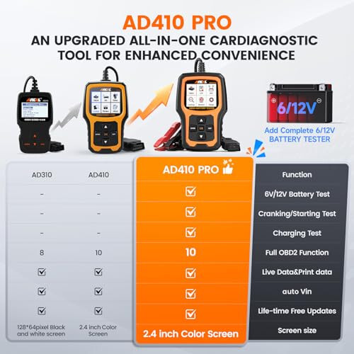 ANCEL AD410 Pro+ 2'si 1 Arada OBD2 Tarayıcı Akü Test Cihazı, OBD2 Tarayıcı Araç Motor Arıza Kodu Okuyucu Tarama Cihazı ve 6V 12V 100-2000 CCA Akü Şarj Çalıştırma Testi EVAP Canlı Veri - 1