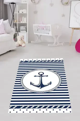 Anchor Sailor Marine Patterned Digital Printing Washable Non-Slip Base Blue Boy Room Carpet-Navy Blue - 3
