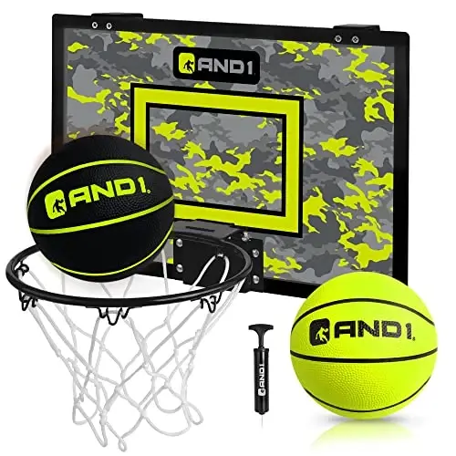 AND1 Eshik ustidagi mini basketbol halqasi: 18x12 sinmaydigan orqa taxta, 2 ta mini basketbol to'pi va qo'l nasosi - bolalar va kattalar uchun eng yaxshi yopiq basketbol aksessuari, hech qanday asbob kerak emas 
