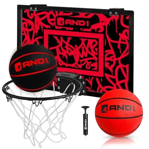 AND1 Over the Door Mini Basketball Hoop: 18x12 Shatterproof Backboard, 2 Mini Basketballs, and Hand Pump Included- Ultimate Indoor Basketball Accessory for Kids and Adults, No Tools Required - 1