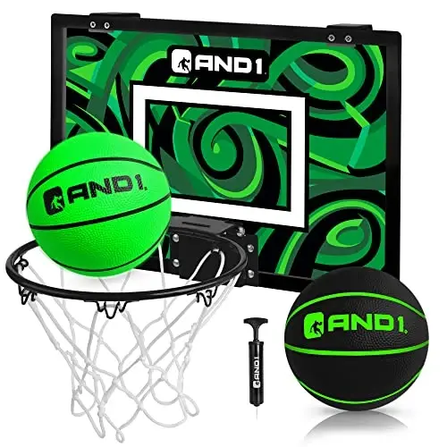 AND1 Over the Door Mini Basketball Hoop: 18x12 Shatterproof Backboard, 2 Mini Basketballs, and Hand Pump Included- Ultimate Indoor Basketball Accessory for Kids and Adults, No Tools Required - 1