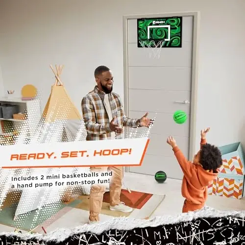 AND1 Over the Door Mini Basketball Hoop: 18x12 Shatterproof Backboard, 2 Mini Basketballs, and Hand Pump Included- Ultimate Indoor Basketball Accessory for Kids and Adults, No Tools Required - 3
