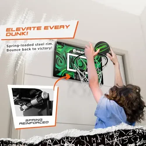 AND1 Over the Door Mini Basketball Hoop: 18x12 Shatterproof Backboard, 2 Mini Basketballs, and Hand Pump Included- Ultimate Indoor Basketball Accessory for Kids and Adults, No Tools Required - AND1 (1)