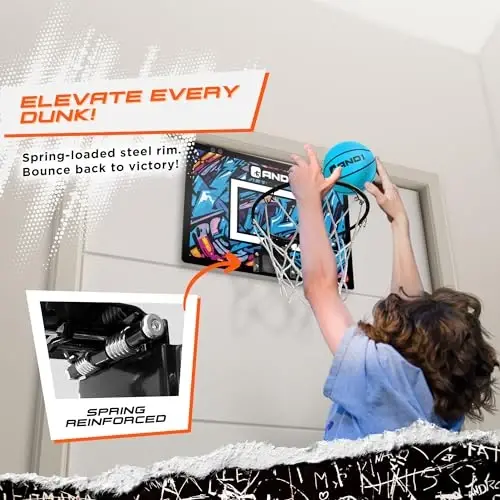 AND1 Over the Door Mini Basketball Hoop: 18x12 Shatterproof Backboard, 2 Mini Basketballs, and Hand Pump Included- Ultimate Indoor Basketball Accessory for Kids and Adults, No Tools Required - 3