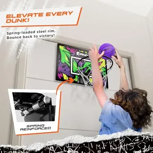 AND1 Over the Door Mini Basketball Hoop: 18x12 Shatterproof Backboard, 2 Mini Basketballs, and Hand Pump Included- Ultimate Indoor Basketball Accessory for Kids and Adults, No Tools Required - 3