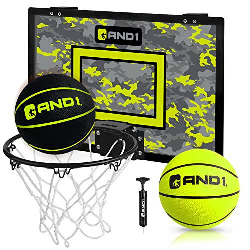 AND1 Over the Door Mini Basketball Hoop: 18x12 Shatterproof Backboard, 2 Mini Basketballs, and Hand Pump Included- Ultimate Indoor Basketball Accessory for Kids and Adults, No Tools Required - 1