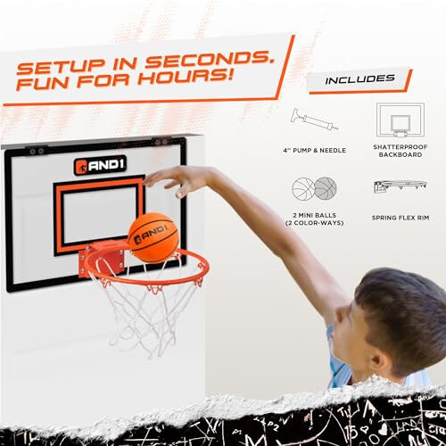 AND1 Over the Door Mini Basketball Hoop: 18x12 Shatterproof Backboard, 2 Mini Basketballs, and Hand Pump Included- Ultimate Indoor Basketball Accessory for Kids and Adults, No Tools Required - 7