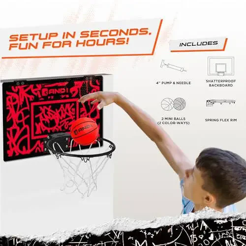 AND1 Over the Door Mini Basketball Hoop: 18x12 Shatterproof Backboard, 2 Mini Basketballs, and Hand Pump Included - Ultimate Indoor Basketball Accessory for Kids and Adults, No Tools Required - 7