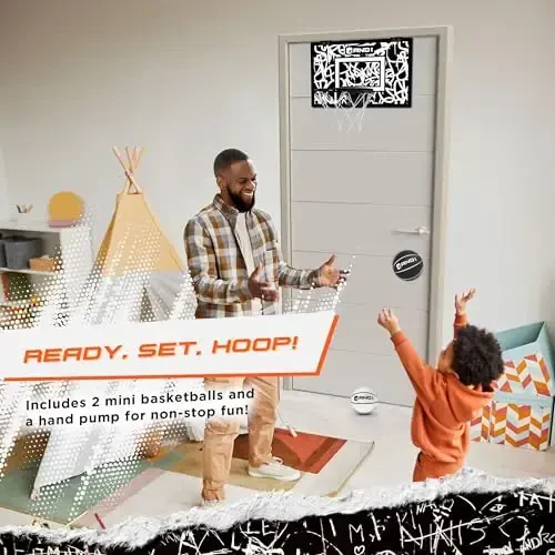 AND1 Over the Door Mini Basketball Hoop: 18x12 Shatterproof Backboard, 2 Mini Basketballs, and Hand Pump Included - Ultimate Indoor Basketball Accessory for Kids and Adults, No Tools Required - 2