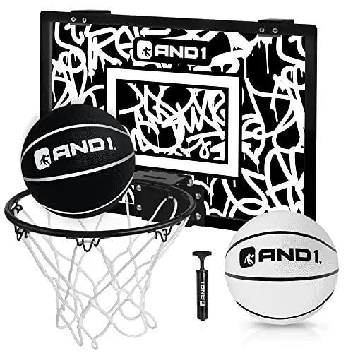 AND1 Over the Door Mini Basketball Hoop: 18x12 Shatterproof Backboard, 2 Mini Basketballs, and Hand Pump Included - Ultimate Indoor Basketball Accessory for Kids and Adults, No Tools Required - 1