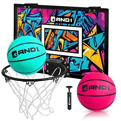 AND1 Over the Door Mini Basketball Hoop: 18x12 Shatterproof Backboard, 2 Mini Basketballs, and Hand Pump Included- Ultimate Indoor Basketball Accessory for Kids and Adults, No Tools Required 