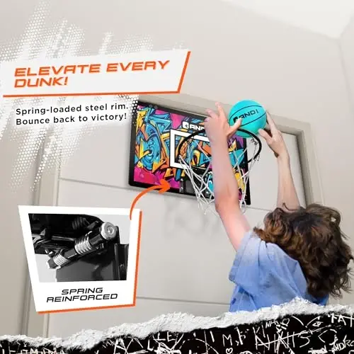 AND1 Over the Door Mini Basketball Hoop: 18x12 Shatterproof Backboard, 2 Mini Basketballs, and Hand Pump Included- Ultimate Indoor Basketball Accessory for Kids and Adults, No Tools Required - 3