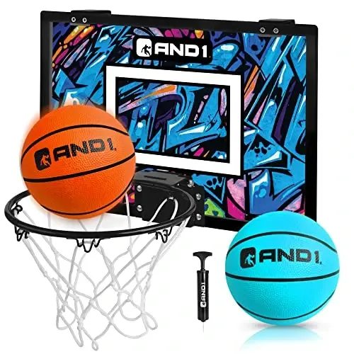 AND1 Over the Door Mini Basketball Hoop: 18x12 Shatterproof Backboard, 2 Mini Basketballs, and Hand Pump Included- Ultimate Indoor Basketball Accessory for Kids and Adults, No Tools Required 