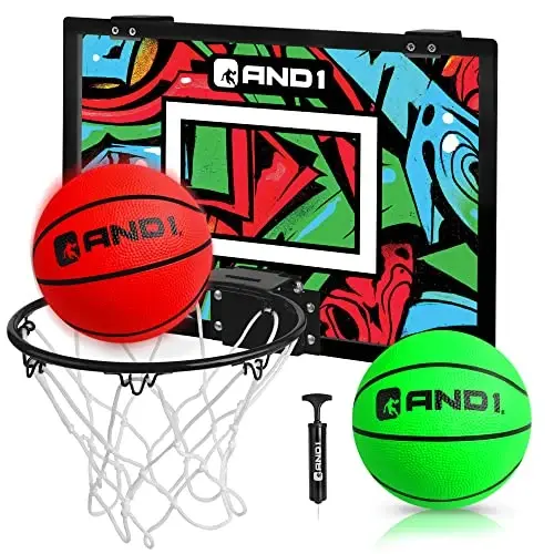 AND1 Over the Door Mini Basketball Hoop: 18x12 Shatterproof Backboard, 2 Mini Basketballs, and Hand Pump Included- Ultimate Indoor Basketball Accessory for Kids and Adults, No Tools Required - AND1