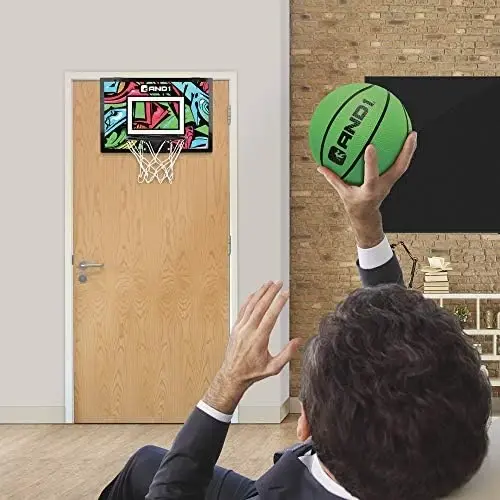 AND1 Over the Door Mini Basketball Hoop: 18x12 Shatterproof Backboard, 2 Mini Basketballs, and Hand Pump Included- Ultimate Indoor Basketball Accessory for Kids and Adults, No Tools Required - 4