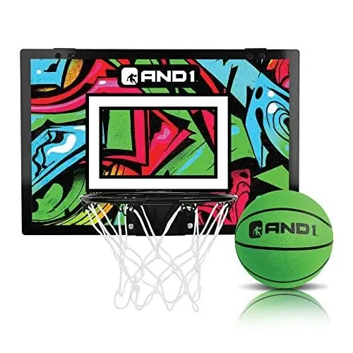 AND1 Over the Door Mini Basketball Hoop: 18x12 Shatterproof Backboard, 2 Mini Basketballs, and Hand Pump Included- Ultimate Indoor Basketball Accessory for Kids and Adults, No Tools Required - 1
