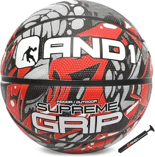 AND1 Supreme Grip Official Regulation Size 7 (29.5 inches) Rubber Basketball - Deep Channel Construction Streetball, Made for Indoor Outdoor Games 