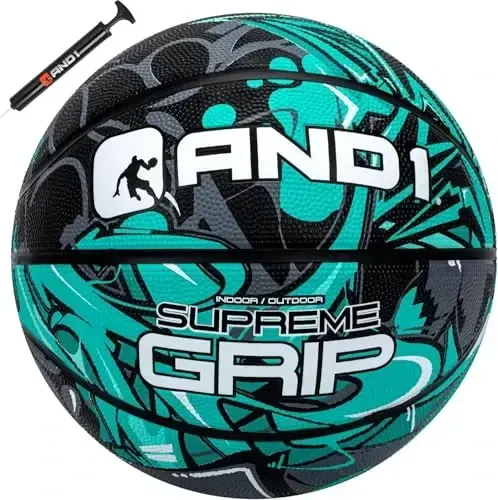 AND1 Supreme Grip Official Regulation Size 7 (29.5 inches) Rubber Basketball - Deep Channel Construction Streetball, Made for Indoor Outdoor Games 
