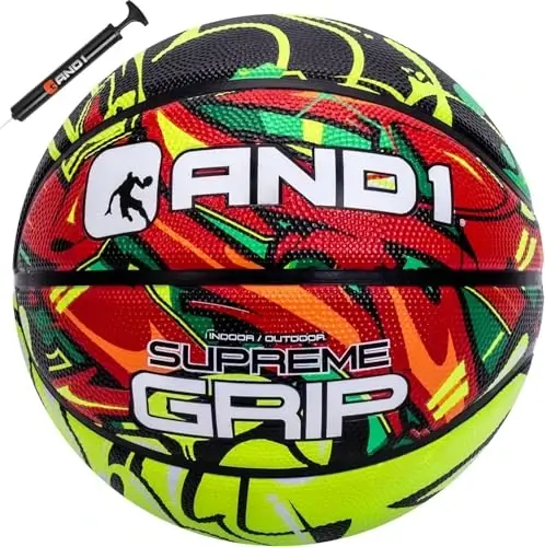 AND1 Supreme Grip Official Regulation Size 7 (29.5 inches) Rubber Basketball - Deep Channel Construction Streetball, Made for Indoor Outdoor Games 