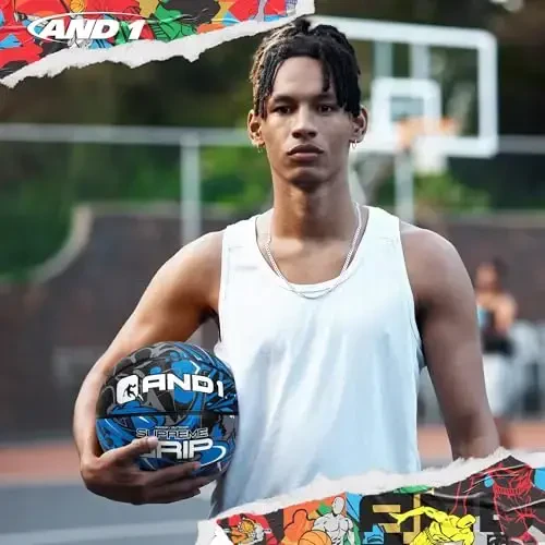 AND1 Supreme Grip Official Regulation Size 7 (29.5 inches) Rubber Basketball - Deep Channel Construction Streetball, Made for Indoor Outdoor Games - 5