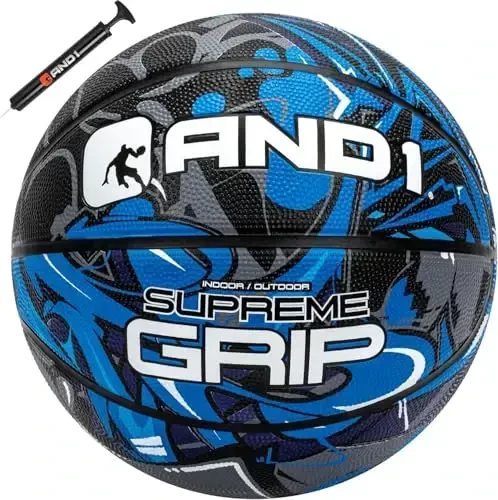 AND1 Supreme Grip Official Regulation Size 7 (29.5 inches) Rubber Basketball - Deep Channel Construction Streetball, Made for Indoor Outdoor Games - AND1