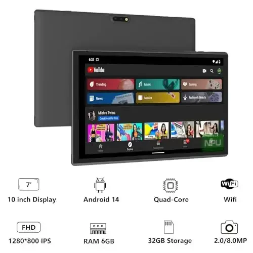 Android planshet 10 dyuymli planshet g'ilofli Stylus Android 14 planshetlar 6 GB RAM 32 GB ROM 1TB kengaytmani qo'llab-quvvatlaydi 6000mah batareya 10.1