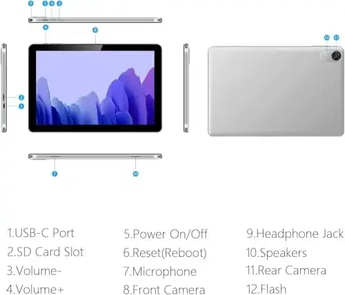 Android plansheti, 10,1 dyuymli Android 15 planshetlari 12 GB (4+8) RAM / 64 GB ROM / 1 TB SD karta kengaytmasi, 1280x800 IPS HD sensorli ekran, 6000 mAh batareya, Bluetooth 5.0, ikkita kamera, GMS, ikkita diapazonli WiFi - kumush - 3
