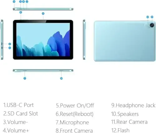 Android Tablet, 10.1 inch Android 15 Tablets 12GB(4+8) RAM / 64GB ROM / 1TB SD Card Expansion, 1280x800 IPS HD Touchscreen, 6000mAh Battery, Bluetooth 5.0, Dual Cameras, GMS, Dual Band WiFi - Blue - 3